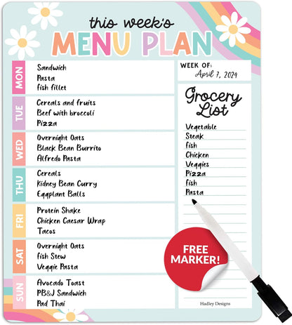 Hadley Designs Weekly Meal Planner for Fridge - Dinner Menu Board for Kitchen, Greenery Weekly Menu Board Dry Erase, Dry Erase Meal Planner for Fridge