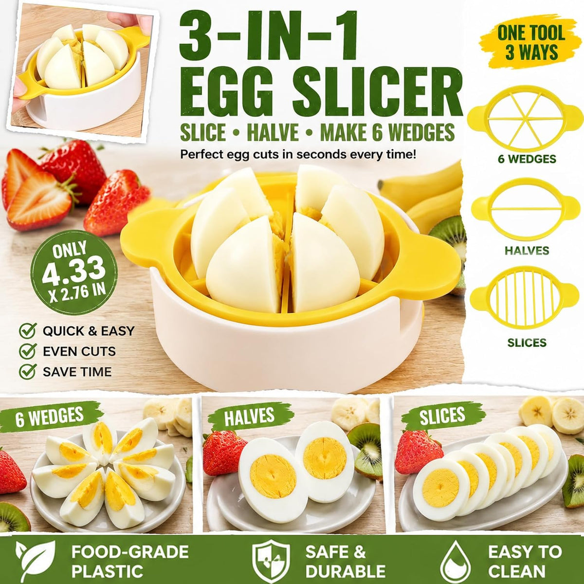 Hard Boiled Egg Slice,3-in-1 Egg Cutter for Slice,Wedge and Half Cut