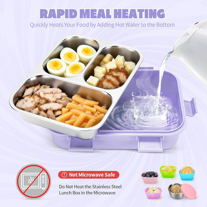 Kids Stainless Steel Bento Box, 3 Compartments Leakproof Lunch Box, Portable Food Storage Containers with Silicone Lids BPA-Free for Office, Picnics, Travel, Blue