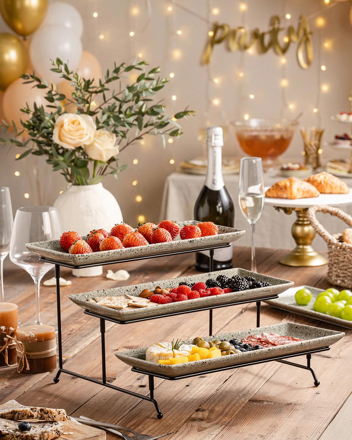 LAUCHUH 3 Tier Serving Tray, Porcelain Serving Platter Tier Serving Stand with Collapsible Sturdier Rack, Serving Trays and Platters Dessert Party Display Set for Father's Day, Gold, 12 Inch