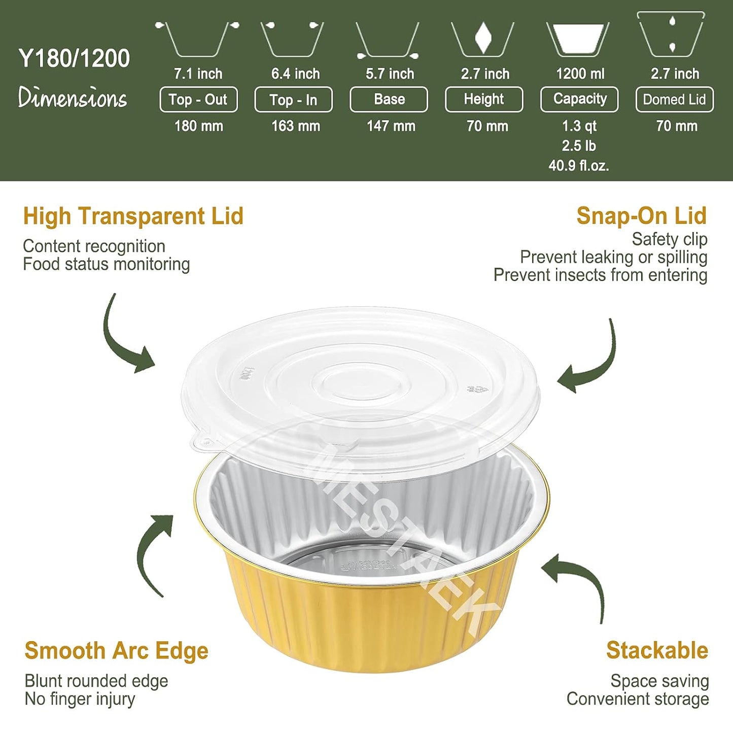 7.7" Round Aluminum Foil Containers with Lids (5 Pack) – Heavy Duty Disposable Takeout Pans for Meal Prep, Pasta, Casserole, Food Storage & Catering, 48oz