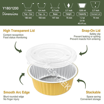 7.7" Round Aluminum Foil Containers with Lids (5 Pack) – Heavy Duty Disposable Takeout Pans for Meal Prep, Pasta, Casserole, Food Storage & Catering, 48oz