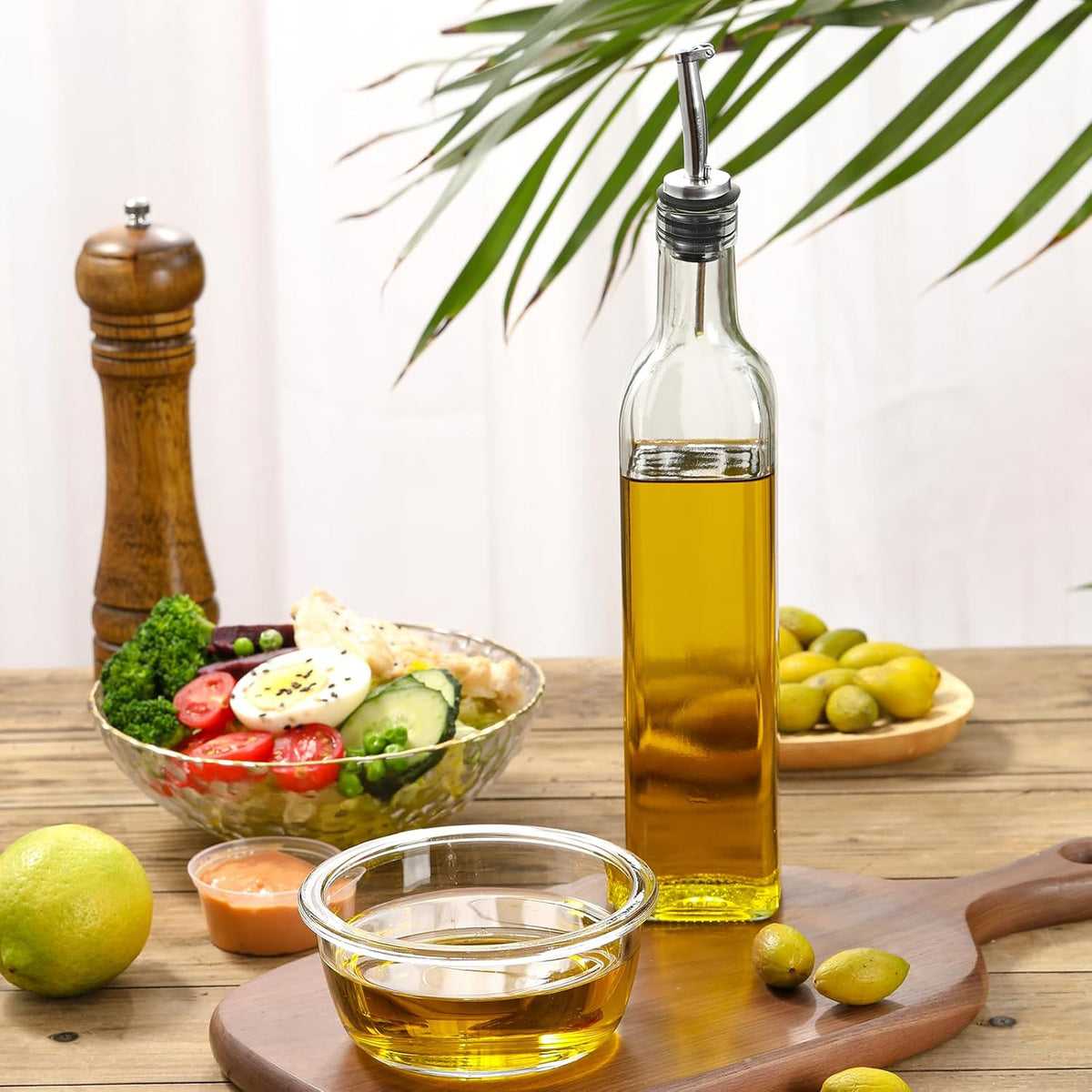 AOZITA 17oz Glass Olive Oil Bottle Dispenser - 500ml Green Oil and Vinegar Cruet with Pourers and Funnel - Olive Oil Carafe Decanter for Kitchen