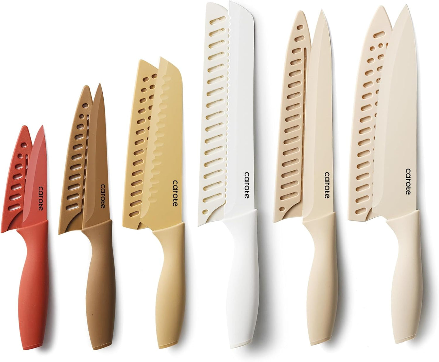 CAROTE Knife Set, 11 Pcs Kitchen Knives with 5 Blade Guards & Non-Slip Cutting Board, Rustproof Stainless Steel 5 Kitchen Knife Set, Plain Black