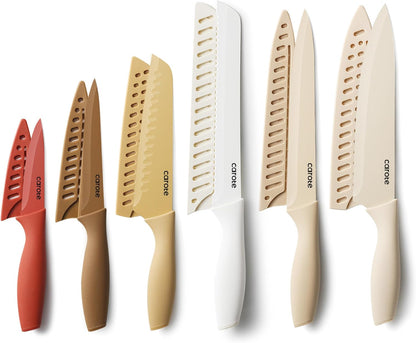 CAROTE Knife Set, 11 Pcs Kitchen Knives with 5 Blade Guards & Non-Slip Cutting Board, Rustproof Stainless Steel 5 Kitchen Knife Set, Plain Black