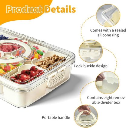 Divided Serving Tray with Lid and Handle, 8 Compartment Snacks Box with Lid and Handle, Portable Snack Box Container for Fruit Candy Nuts - Perfect for Party, Entertaining