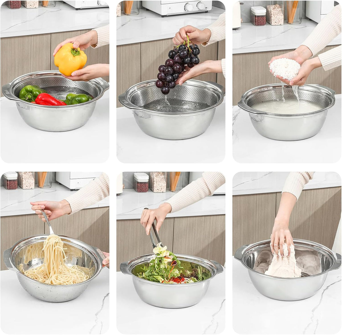 Paoli 304 Stainless Steel Fine Mesh Colander Set, 3.5QT Large Capacity Strainer with Mixing Bowl — Rinse Fruits, Veggies, Rice & Drain Pasta, Dishwasher Safe (2-Piece)