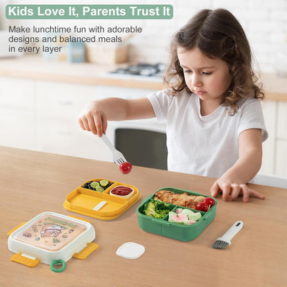 SAYAPE Kids Bento Lunch Box - Toast-Shaped 4-Compartment Lunchable Food Container with Sauce Cup, Utensils & Brush, BPA-Free, Reusable Snack Container with lid, Ideal for School & Travel - Blue