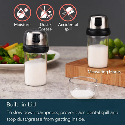 KTCHENDAO 2 in 1 Glass Salt and Pepper Shaker with Side Pour Spout, Built-in Lid for Moisture-proof, Elegant Borosilicate Glass Salt Pepper Dispenser set for Kitchen, BPA Free, 4oz (White)