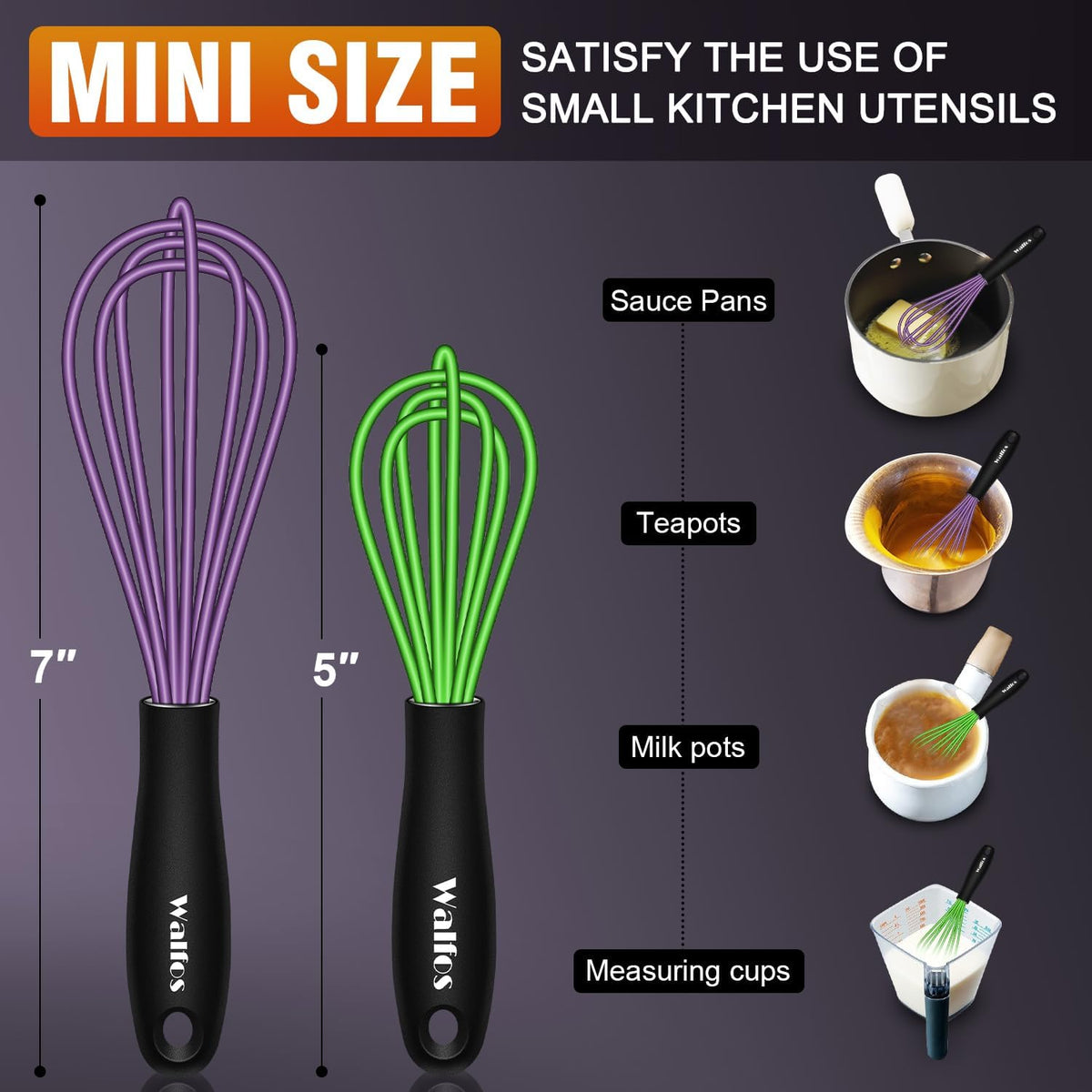 Walfos Silicone whisk,Whisks for Cooking Non Scratch, BPA Free whisk set of 4, 7+9+11in Balloon Whisks & 11in Flat Whisk, Heat Resistant(480°F).Great for Cooking in Pans, Baking, Whisking.Blue