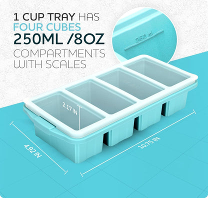 Silicone Freezer Tray With Lid - Soup Freezer Container Molds Set Makes 2-Cup & 1-Cup 1/2-cup Portions Cubes Perfect for preparing meals in different Portion Sizes Oven & Dishwasher-Safe