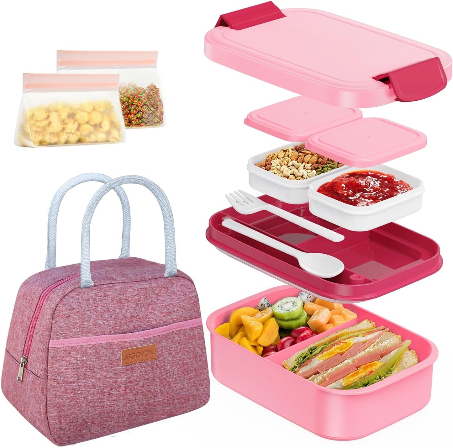 JBGOYON Bento Box and Lunch Bag Set, Leak-Proof Lunch Box for Adults and Kids with Built-in Utensils, Insulated for Work School Travel, Microwave & Dishwasher Safe, All-in-One (Purple)
