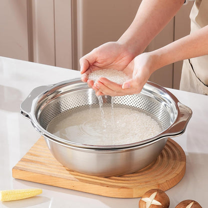 Stainless Steel Colander for Kitchen 2-Quart, Strainer Microporous with Mixing Bowl, Rice Strainer for Washing Vegetables, Fruit and Draining Cooked Pasta, Dishwasher Safe