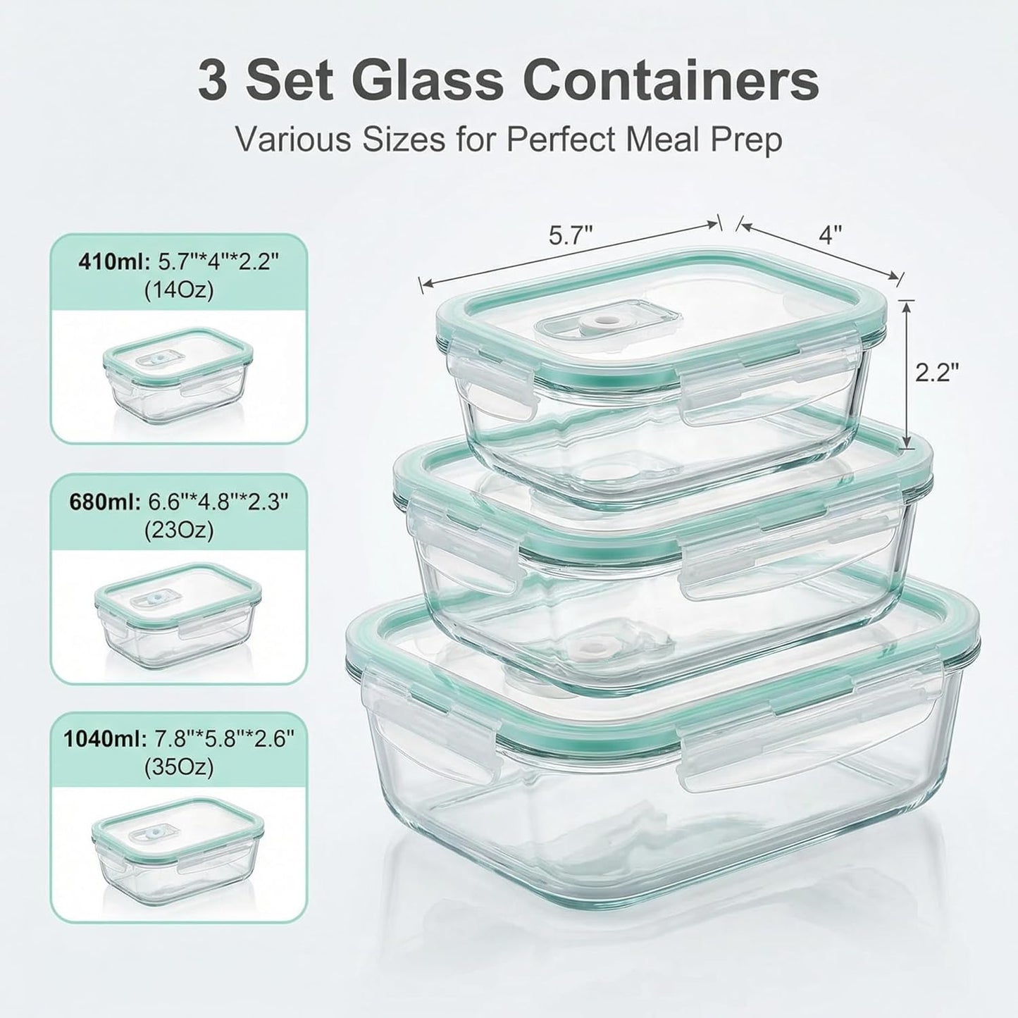 High Borosilicate Glass Food Storage Containers,Stackable Meal Prep Containers with Airtight Plastic Lids,BPA-Free, Leak-Proof,Reusable for Microwave, Oven, Freezer and Dishwasher,3Piece Set