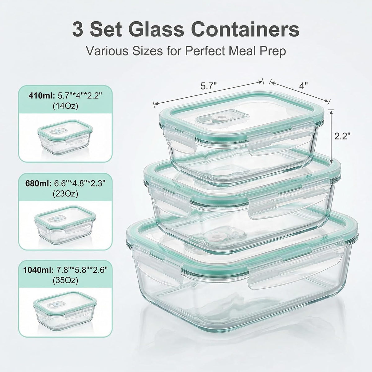 High Borosilicate Glass Food Storage Containers,Stackable Meal Prep Containers with Airtight Plastic Lids,BPA-Free, Leak-Proof,Reusable for Microwave, Oven, Freezer and Dishwasher,3Piece Set