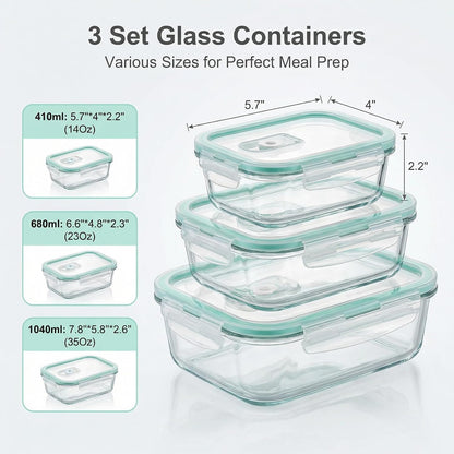 High Borosilicate Glass Food Storage Containers,Stackable Meal Prep Containers with Airtight Plastic Lids,BPA-Free, Leak-Proof,Reusable for Microwave, Oven, Freezer and Dishwasher,3Piece Set