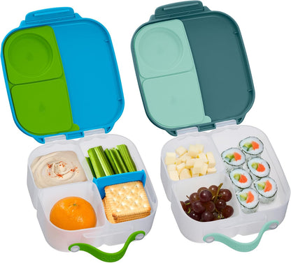 b.box Mini Lunch Box 2-Pack, Leak Proof Bento Box for Kids, 3 Compartment Snack Containers Ages 3+, Lunchbox for Daycare + School, Dishwasher Safe, BPA-Free, PFAS-Free, 4.25 Cup - Blue + Green