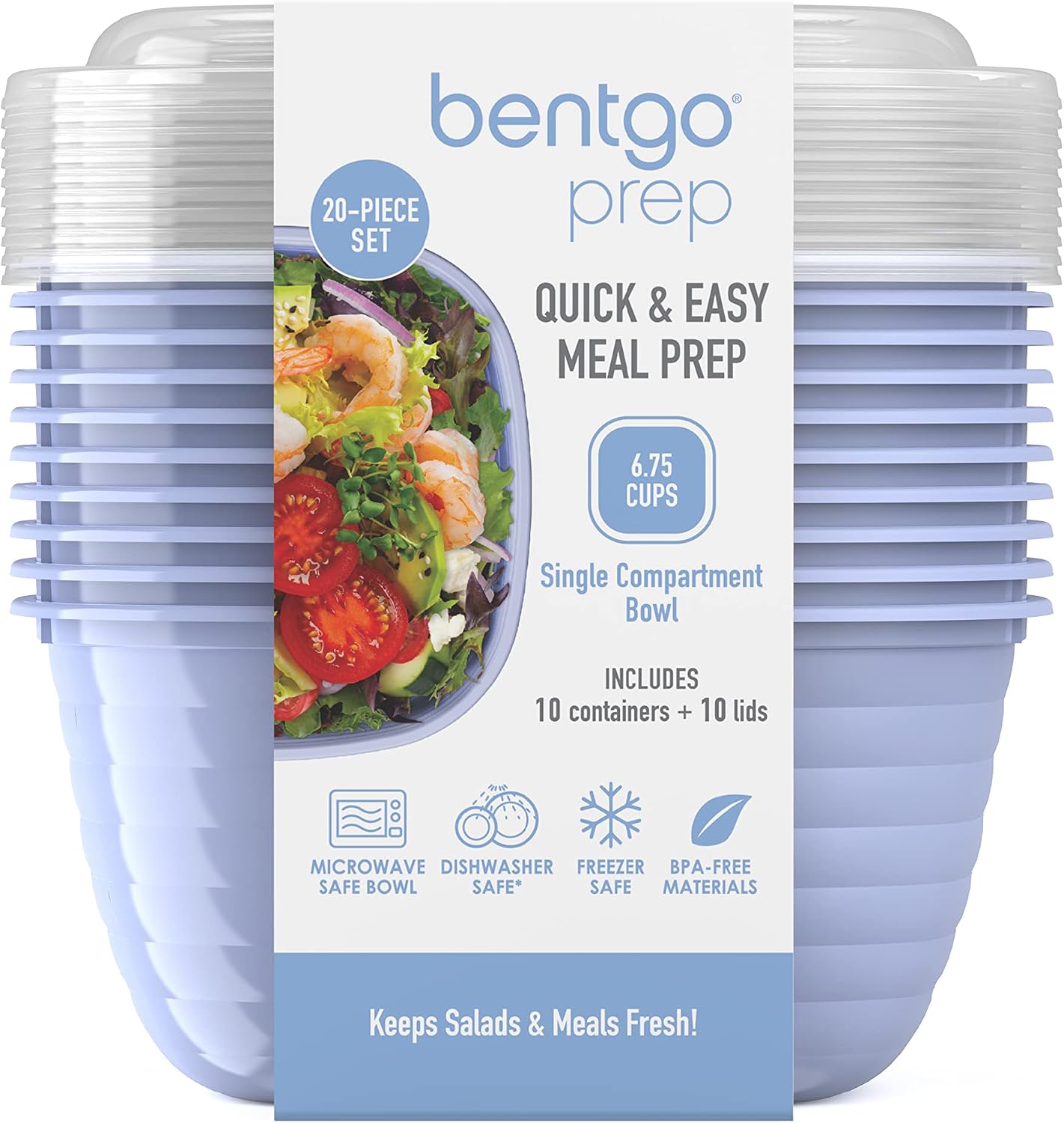 Bentgo Prep - 1-Compartment Bowls with Custom-Fit Lids - Reusable, Microwave Safe, Durable, PFAS & BPA-Free, Freezer & Dishwasher Safe Meal Prep Food Storage - 10 Bowls & 10 Lids (White Stone Tan)