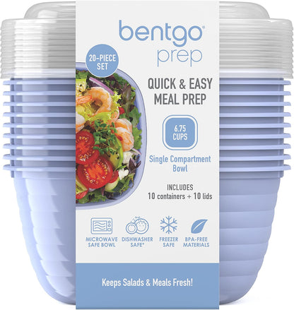 Bentgo Prep - 1-Compartment Bowls with Custom-Fit Lids - Reusable, Microwave Safe, Durable, PFAS & BPA-Free, Freezer & Dishwasher Safe Meal Prep Food Storage - 10 Bowls & 10 Lids (White Stone Tan)