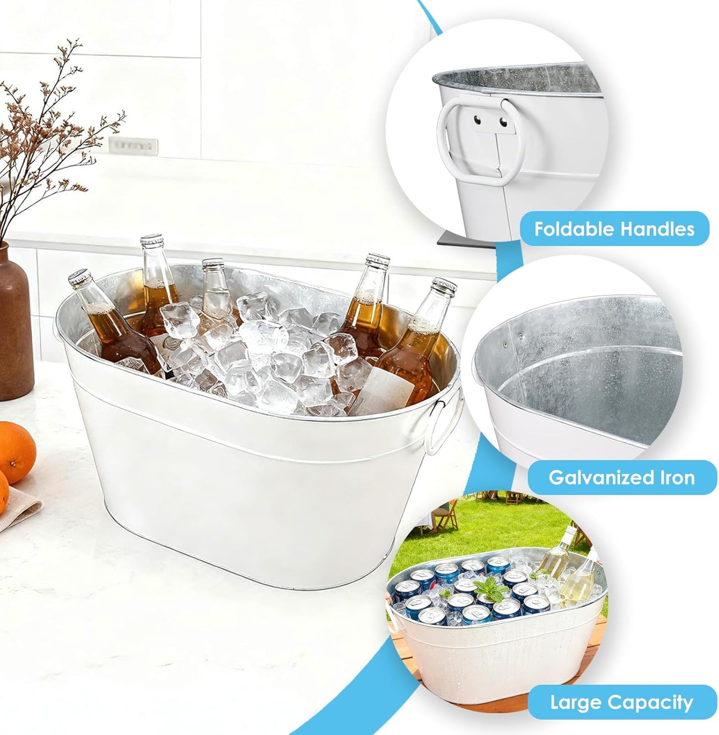 2PCS Beverage Tub Large Ice Bucket For Parties, Thick Metal Galvanized Tub Drink Buckets, Beverage Bucket with Handles, Drink Bucket for Indoor & Outdoor Party (Sliver)