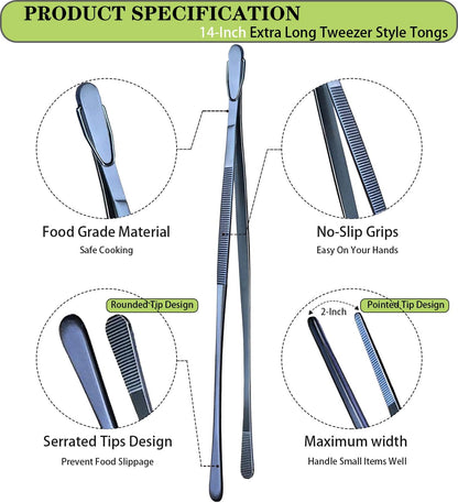 JETKONG 2 Pcs 12-Inch Kitchen Tweezers Fine Tweezer Tongs, Extra-Long Stainless Steel Cooking Tweezers (Silver)