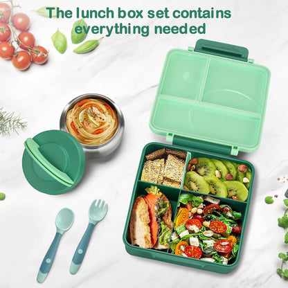 Bento Lunch Box Set for Kids with 8oz Soup Thermo, Leak-Proof Lunch Containers with 4 Compartment, Kids Thermo Hot Food Jar and Insulated Lunch Bag for Kid to School-Black