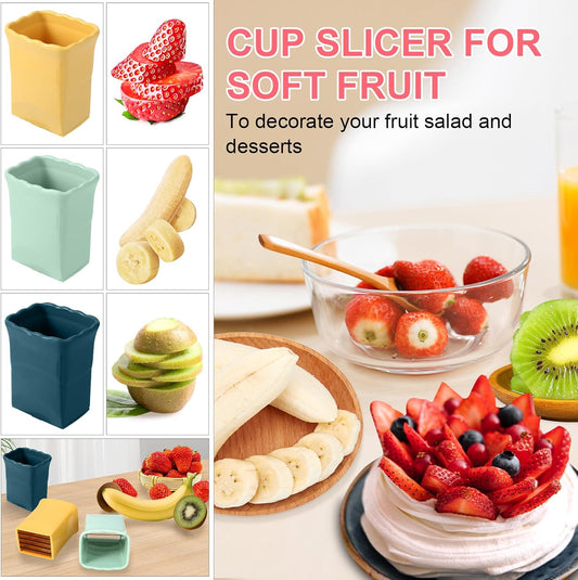 5 Pack, 3 Pcs Cup Slicers with 2 Pcs Stainless Steel leaf Forks Strawberry Slicer Banana Fruit Cutter Egg Slicer Multifunctional Soft Fruit and Vegetable Slice Fresh Platter Making