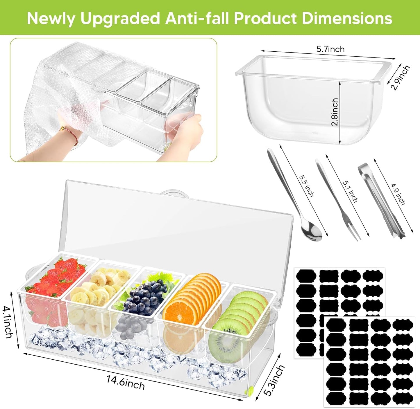 5 Compartment Condiment Server, Ice Chilled Condiment Containers with Hinged Lid Chilled Caddy with 5 Removable Dishes and 15 Pieces Stainless Steel Serving Tongs Serving Spoons Fruit Forks