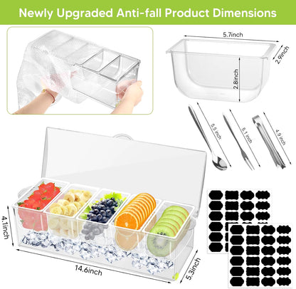 5 Compartment Condiment Server, Ice Chilled Condiment Containers with Hinged Lid Chilled Caddy with 5 Removable Dishes and 15 Pieces Stainless Steel Serving Tongs Serving Spoons Fruit Forks