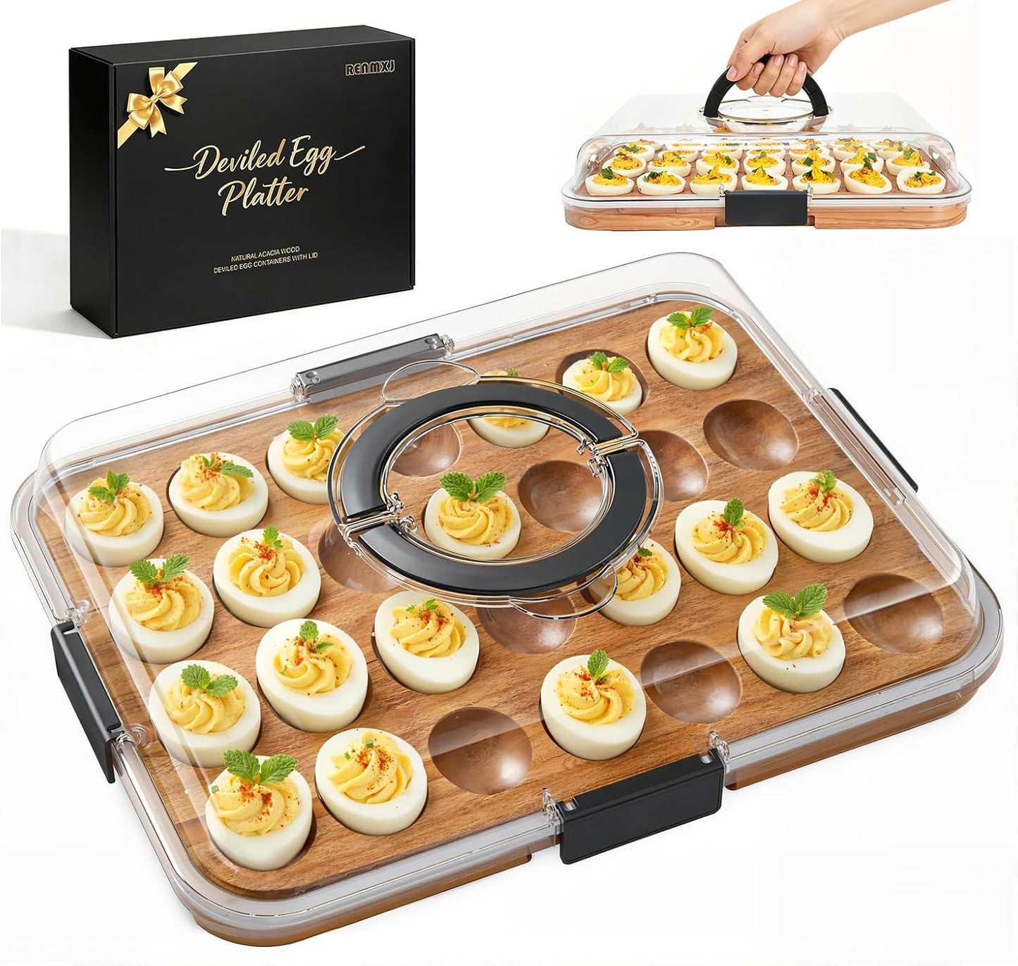 Renmxj Deviled Egg Containers with Lid, 28 Holes Reversible Acacia Wooden Deviled Egg Platter, Lid Dishwasher Safe Egg Tray, Ideal Gift for Women Kitchen & Party (Black)