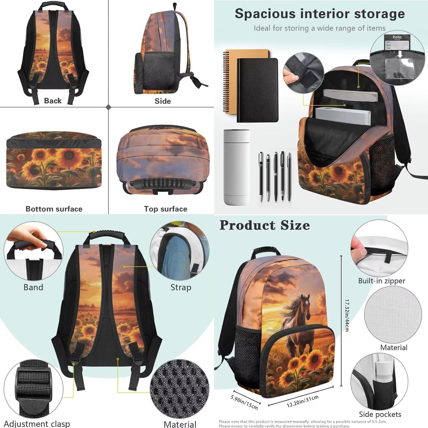 Highland Cow Backpack with Lunch Box Set for Kids Sunflower School Backpack for Girls Boys Back to School Bag Student Travel Backpacks Reusable Utensils Pen Case Water Bottle Bag 5PCS