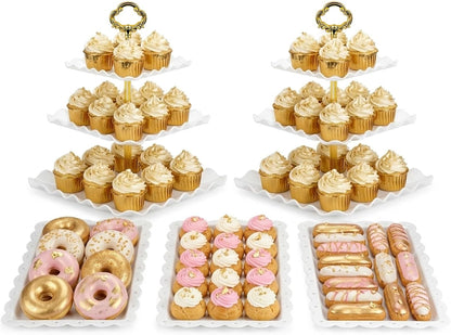 NWK 5 Piece Cake Stand Set with 2 x Large 3-Tier Cupcake Stands, 3 x Appetizer Trays, for Wedding Birthday Baby Shower Tea Party Decorations (Pink)