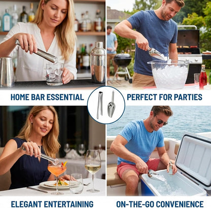 Ice Tongs for Ice Bucket and Ice Cube Scoop Set, 2-Piece Stainless Steel Ice Bucket Accessories for Freezer and Party Serving, Compact Storage with Metal Hanging Ring for Wall Mount or Bar Tools