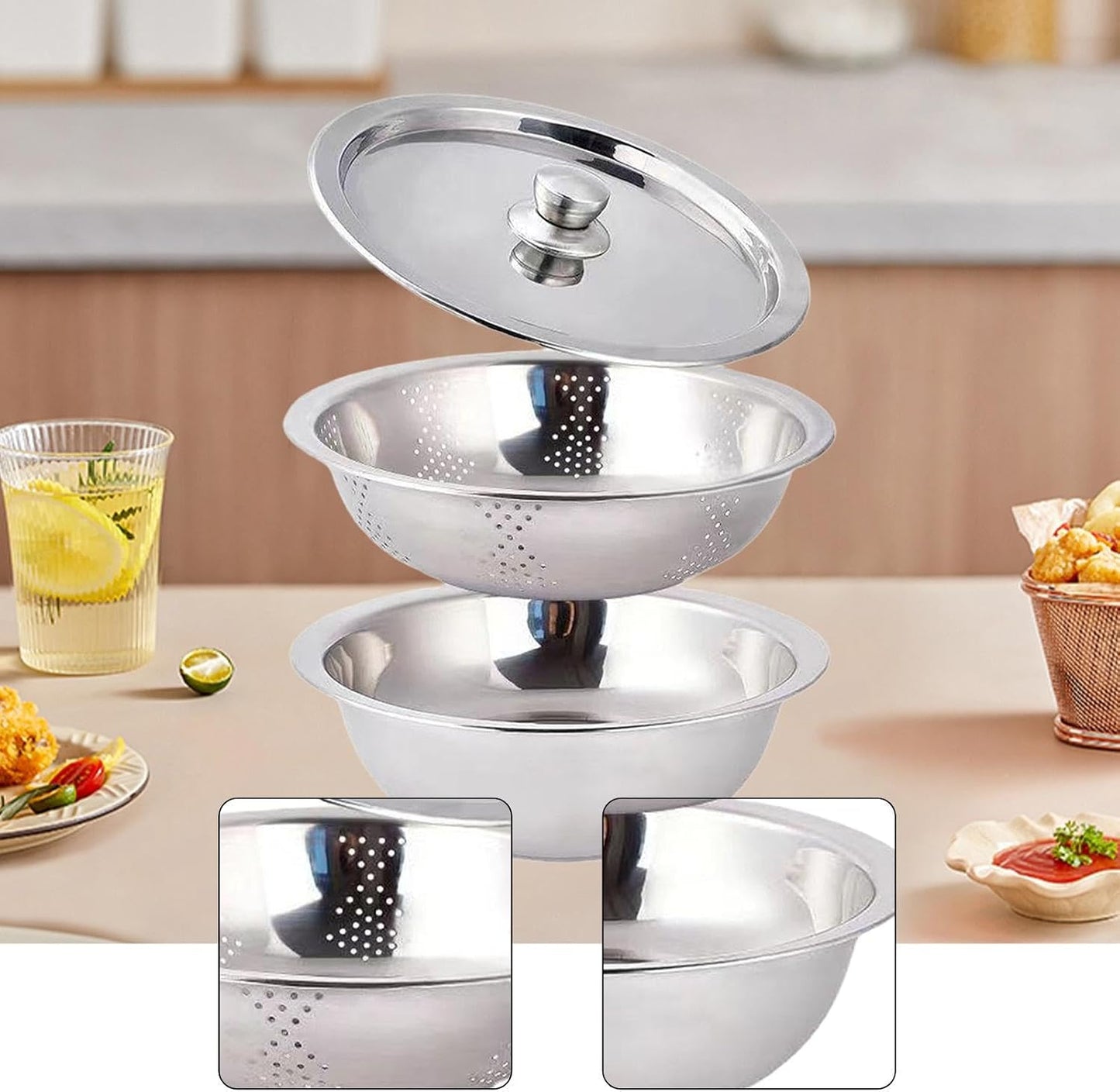 Food Storage Container Colander with Bowl Rice Rinser Food Strainer Produce Container for Salad Meat Beans Multipurpose Kitchen Utensil- 30cm