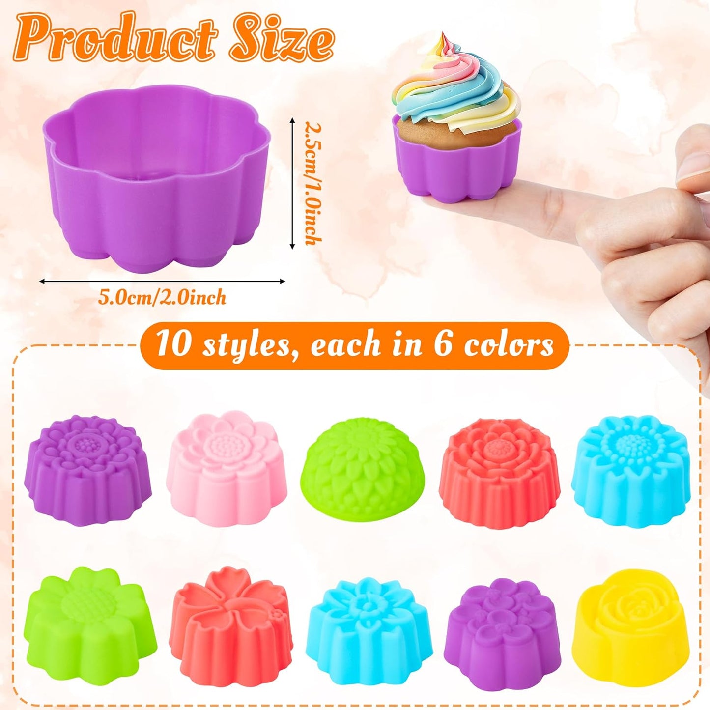 R HORSE Mini Silicone Cupcake Liners Molds - 60Pcs 2 Inch Muticolor Floral Shaped Baking Cups, Reusable Non-Stick Cupcake Wrappers Muffin Baking Liners for Oven Microwave Dishwasher Safe