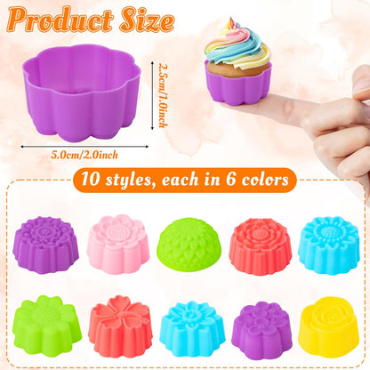 R HORSE Mini Silicone Cupcake Liners Molds - 60Pcs 2 Inch Muticolor Floral Shaped Baking Cups, Reusable Non-Stick Cupcake Wrappers Muffin Baking Liners for Oven Microwave Dishwasher Safe