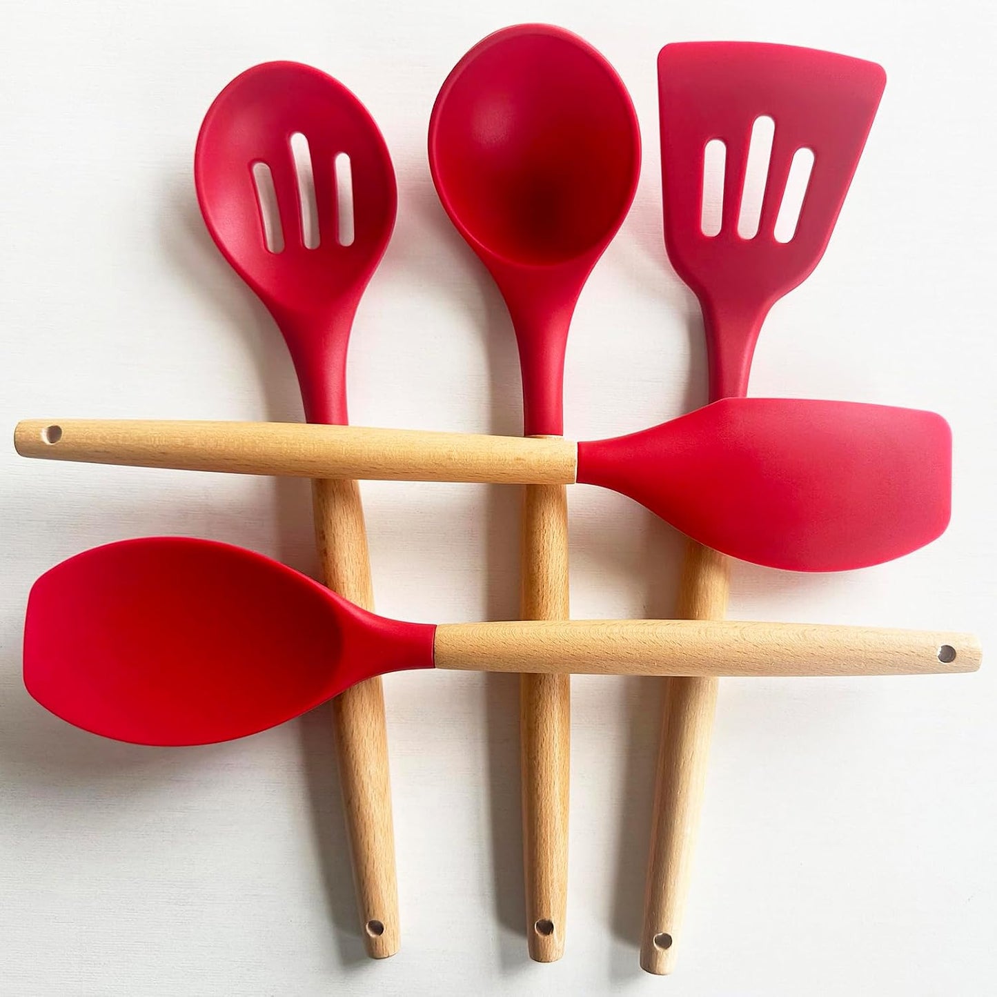 Kitchen Cooking Utensils Set, 6Pcs Silicone Kitchen Utensils Set Spatula Spoon Soup Ladle Turner, Heat Resistant Wooden Handle Silicone Cooking Gadgets for Nonstick Cookware & Baking BPA FREE