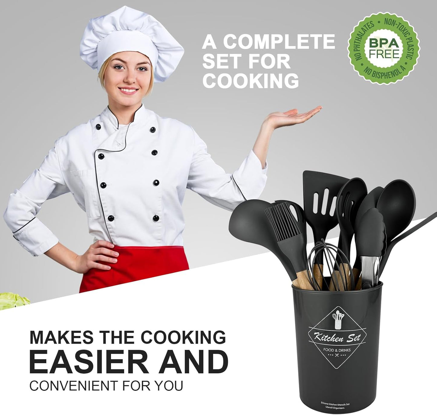 12 pcs Silicone Cooking Utensils Kitchen Utensil Set with Holder Heat Resistant Silicone Spatula Turner Set Wooden Spoons Kitchen Gadgets Tools Cooking Utensils for Nonstick Cookware (White)