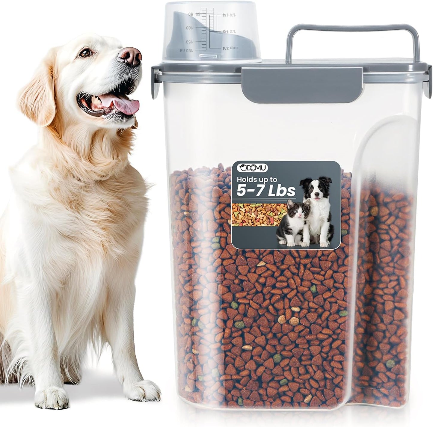 Dog Cat Food Storage Container, Pet Food Pourable Container Airtight with Large Spout & Cup, BPA-Free Plastic Food Dispenser for Pet Food, Bird Seed, Rice, Flour (Dark Gray, 2.5L)