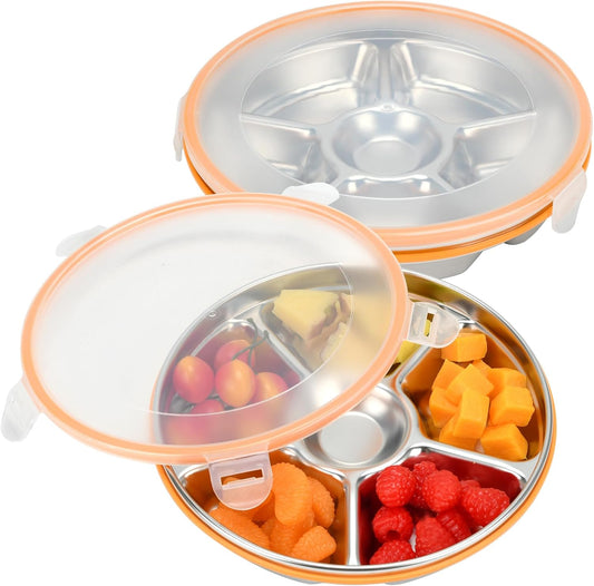 2 pcs Veggie Tray with Lid, Divided Serving Tray with Lid, Round Stainless Steel Serving Platter, Snackle Box Container with 7 Compartments