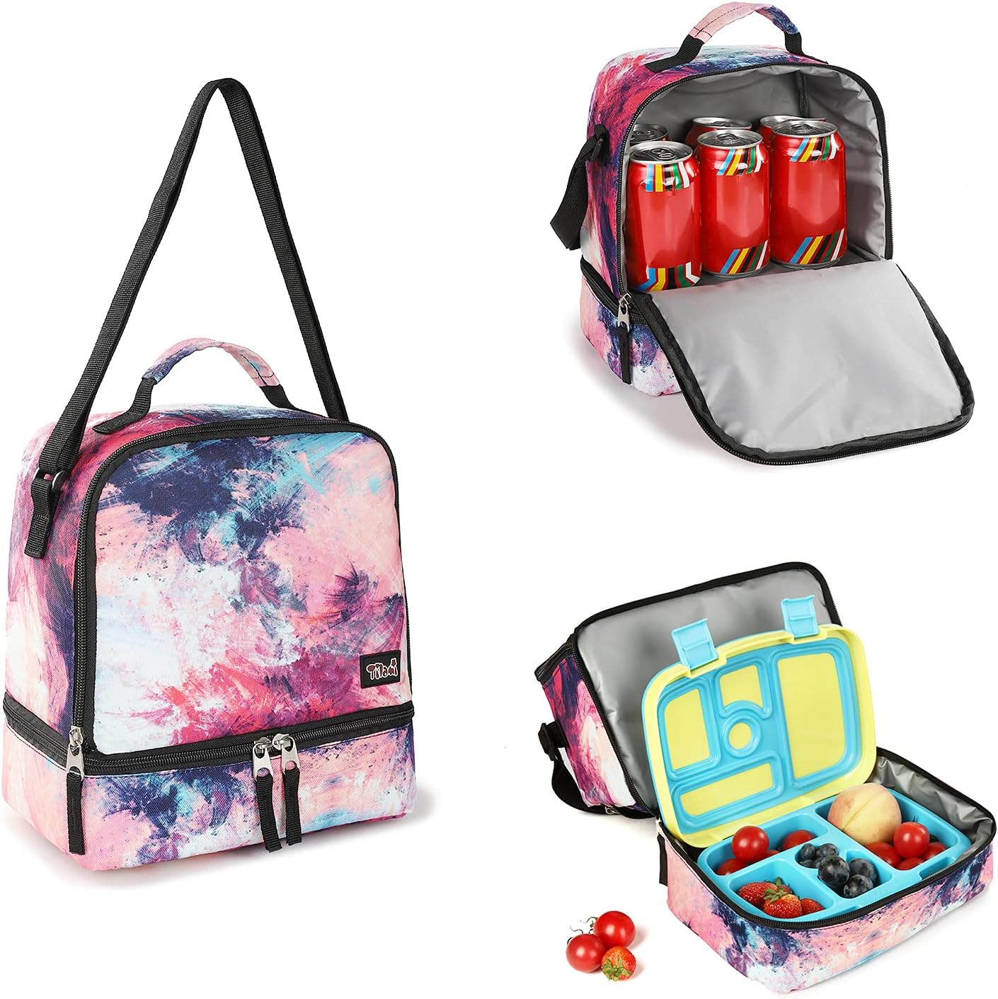 Tilami Lunch Bags Insulated Adjustable Strap Zipper, Two Compartments Cooler Bags, Bento Bags for Kids Toddlers (Blue)