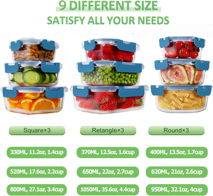 HOMBERKING 18 Piece Glass Food Storage Containers with Lids, Glass Meal Prep Containers, Airtight Lunch Bento Boxes, BPA-Free & Leak Proof, Oven, Freezer and Dishwasher Safe (9 lids & 9 Containers)