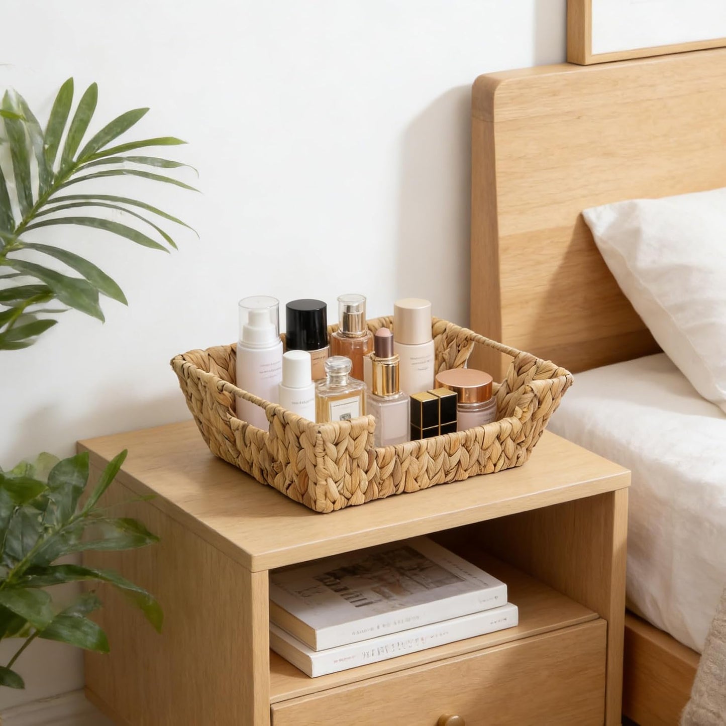 2-Pack Handwoven Wicker Basket, Natural Water Hyacinth Storage Baskets with Built-in Handles, Stackable Organizers for Pantry, Bedroom, Bathroom, Kitchen