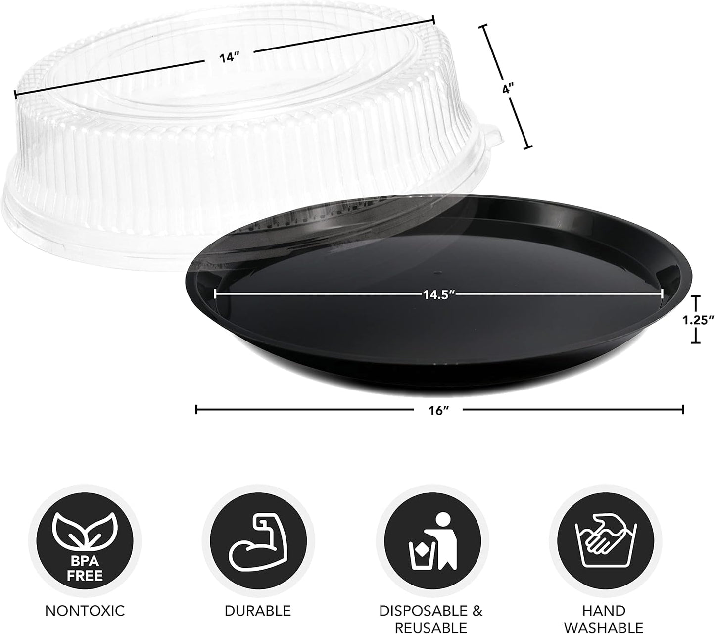 Party Essentials Hard Plastic 12" Black Trays With Clear Dome Lids, Set of 2 Trays and 2 Lids, Clear/Black