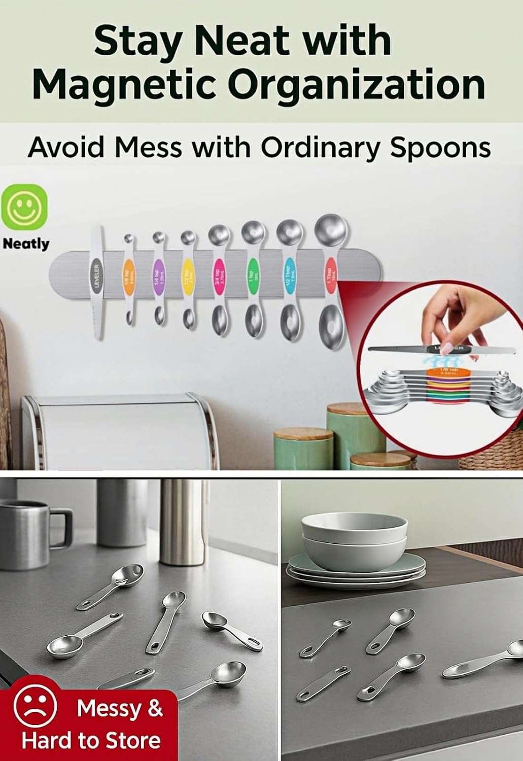 Magnetic Measuring Cups and Spoons Set304 Stainless Steel Dual Scale Set of 15, Strong N52 Magnetic Nesting Design with Leveler, for Dry&Liquid Ingredients, Dishwasher Safe(Colorful)