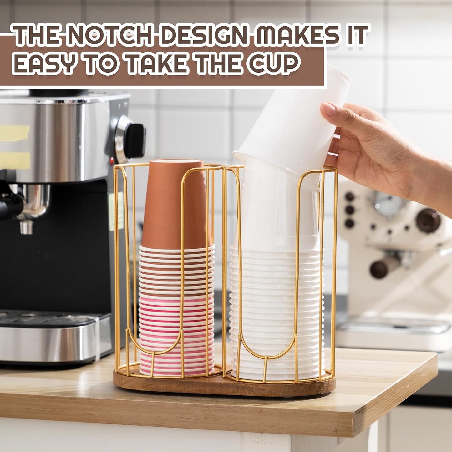 Geelin 18oz Adjustable Coffee Cup Dispenser with Wooden Base, Cup and Lid Holder, Cups Holder Organizer for Coffee Pod Straw and Lid Storage(2-compartment Single,Color 2)