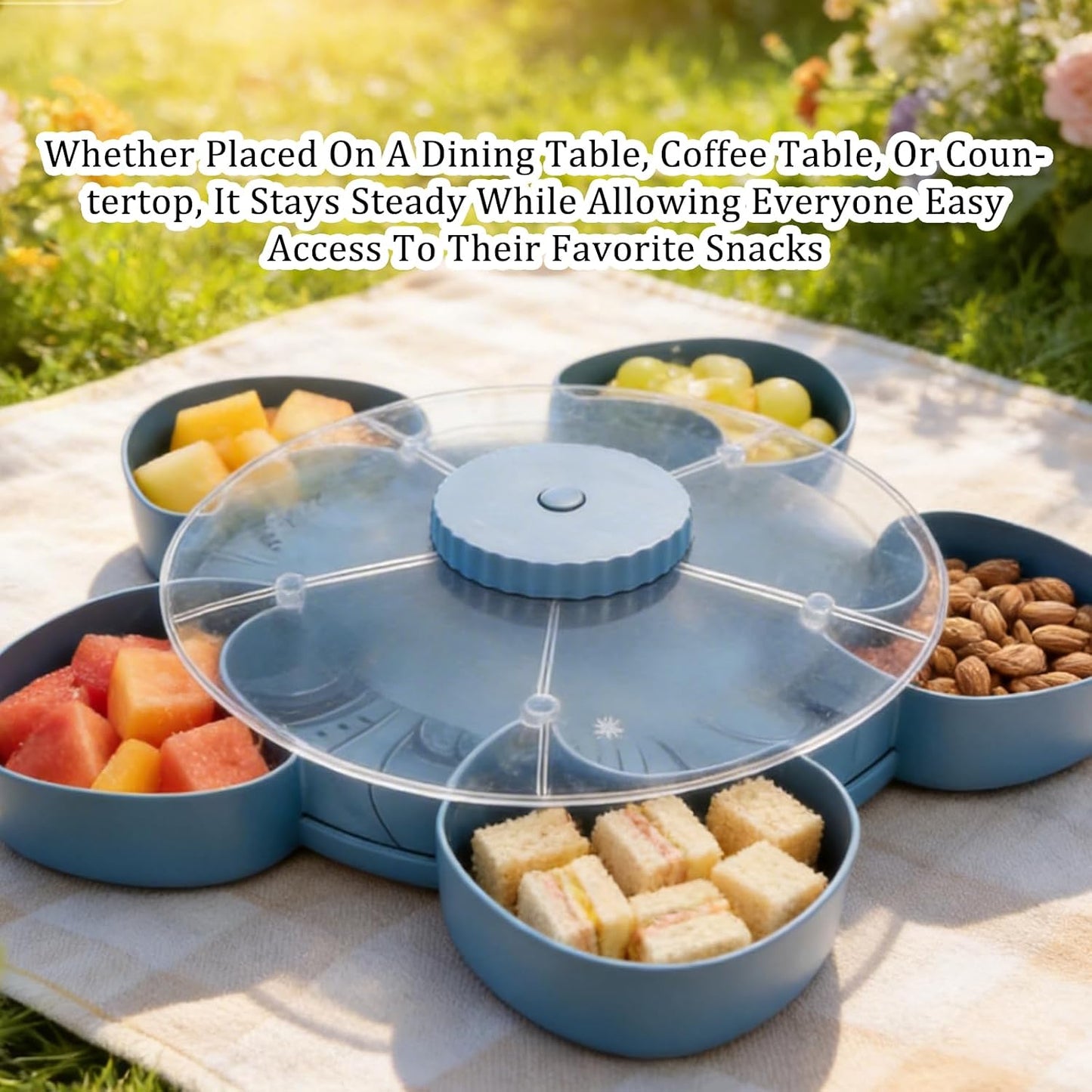 Spinning Divided Serving Tray that Spins, Swivel Spinning Rotating Snack Tray, Divided Spin and Snack Trays, Spin-to-Open Multi-Compartment Food Organizer Snack Box Spinner (1)