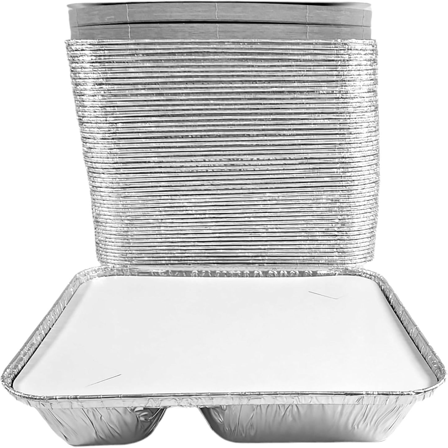 PACTOGO Large 3-Compartment Oblong Aluminum Foil Take-Out Pan Senior Feeding TV Dinner Entrée Tray w/Board Lid (Pack of 10 Sets)