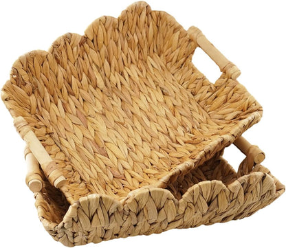 YRMT Water Hyacinth Shelves Storage Basket With Handles, Handmade Wicker Woven Baskets for Organizing Shelf, Pantry, Home Decor, Natural (2 Pack,15.8" x 13" x 5.1" IN)