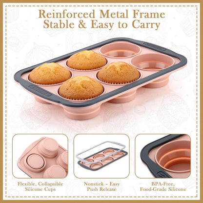 2 Pack Silicone Muffin Pan for Baking with Metal Frame, Collapsible 6 Cup Cupcake Baking Tray, Nonstick Bpa Free Silicone Muffin Tins for Oven, Dishwasher Safe Foldable Cupcake Molds (Pink)